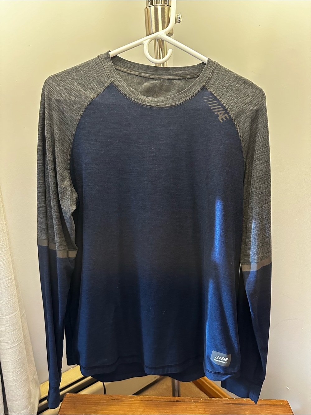 American Eagle Outfitters Men's Long Sleeve Raglan Shirt - Navy and Heather Gray